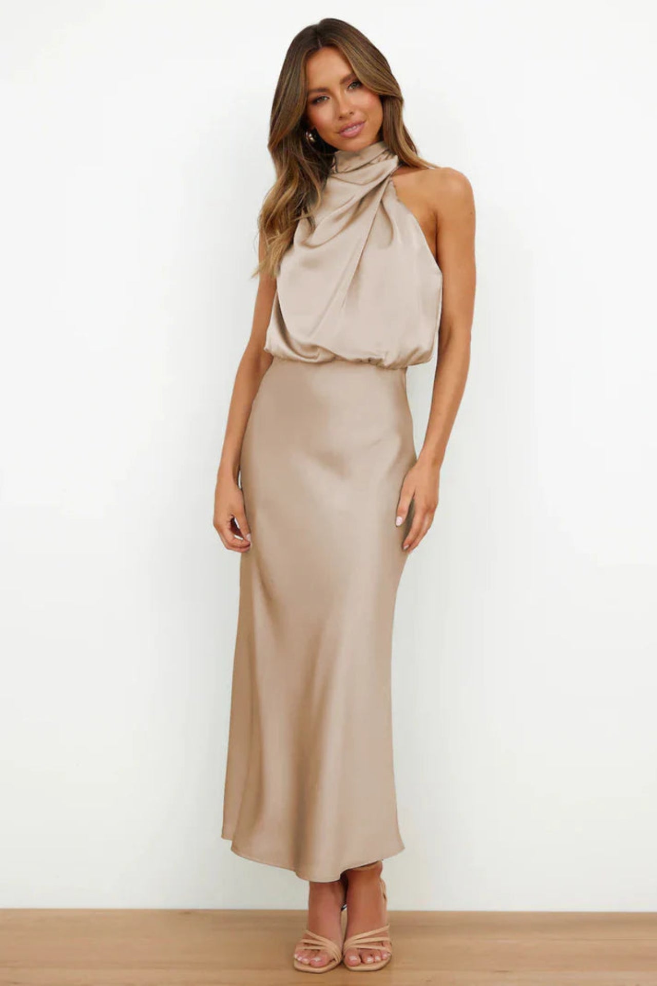 Satin Cowl Neck Midi Dress – Elegant Slip Style for Evening & Events