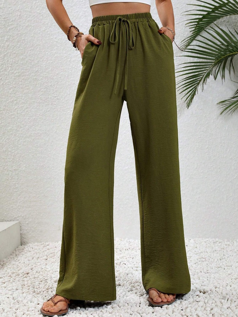 High-Waisted Wide-Leg Trousers – Lightweight Pull-On Pants with Pockets