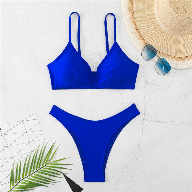 Minimalist V-Waist Bikini Set – Solid Colour with Push-Up Top