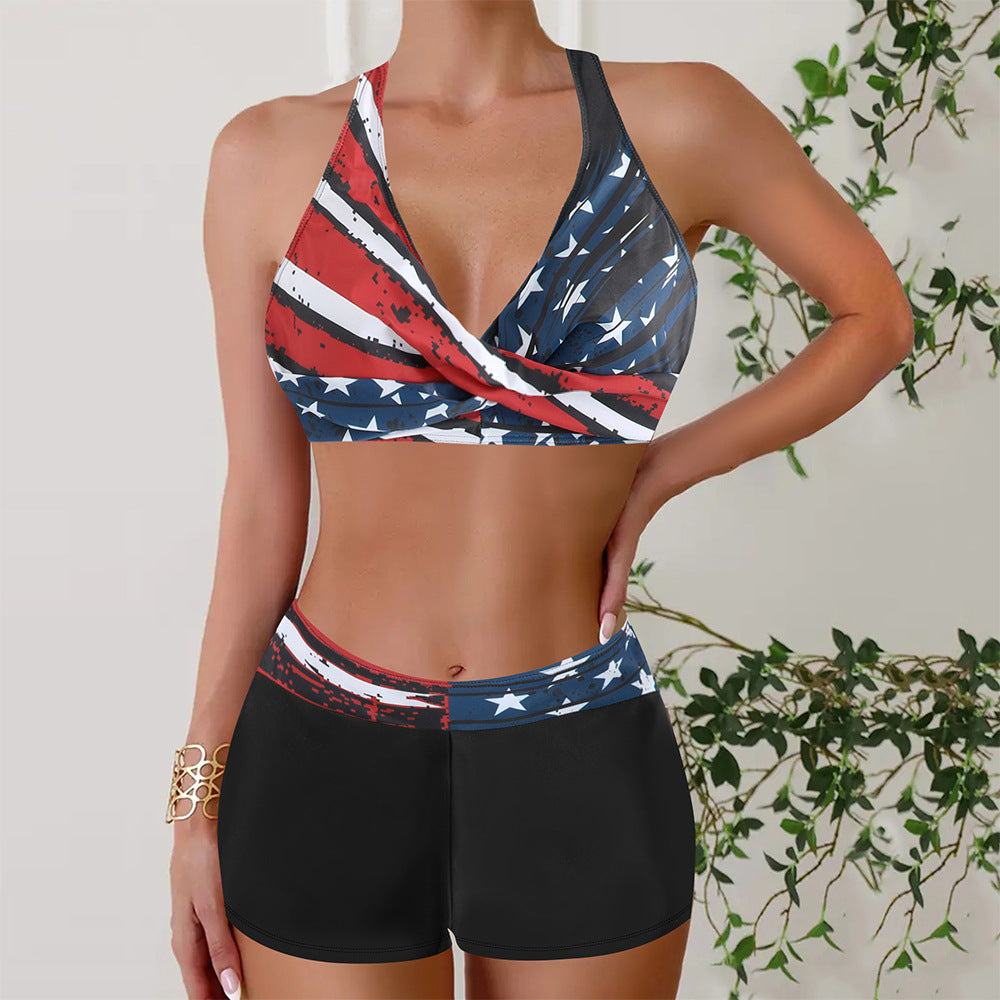 High-Waisted Bikini Shorts Set – Cross-Front Halter Top & Sporty Fit