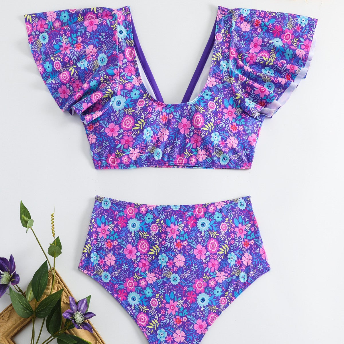Flutter Sleeve Floral Bikini – Purple High-Waist Two-Piece Set