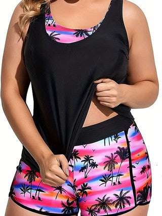 Plus Size 3-Piece Tankini Set – Tropical Print Shorts & Sports Bra Top