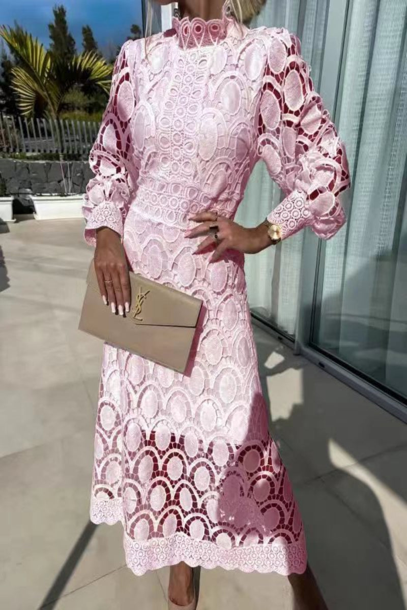 Elegant Lace Midi Dress – Long Sleeve Cocktail Style for Weddings & Events