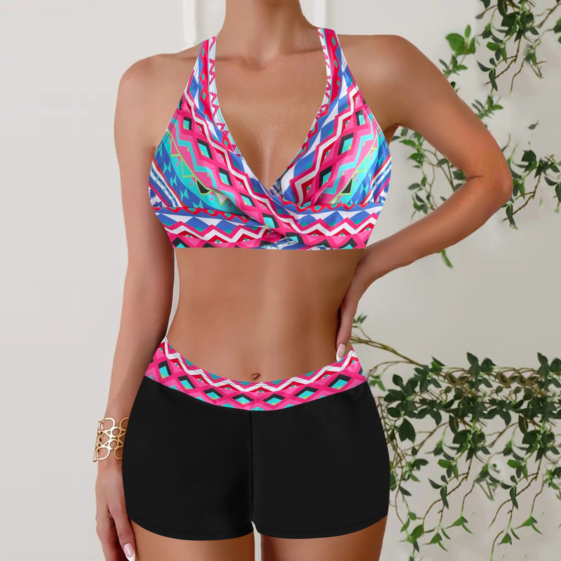 High-Waisted Bikini Shorts Set – Cross-Front Halter Top & Sporty Fit