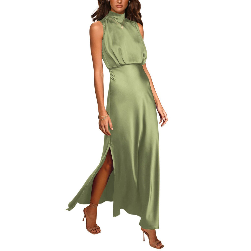 Women's High-Neck Satin Maxi Dress with Slit