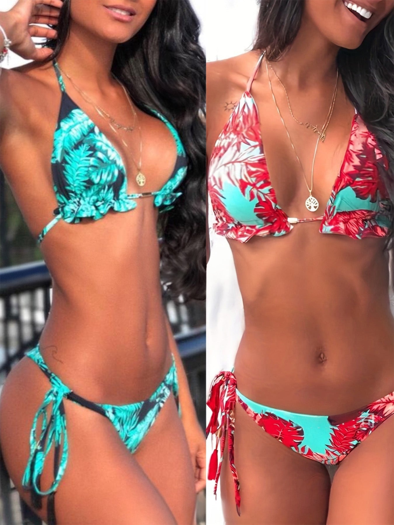 Tassel Tie Floral Bikini – Triangle Top & Side-Tie Bottoms