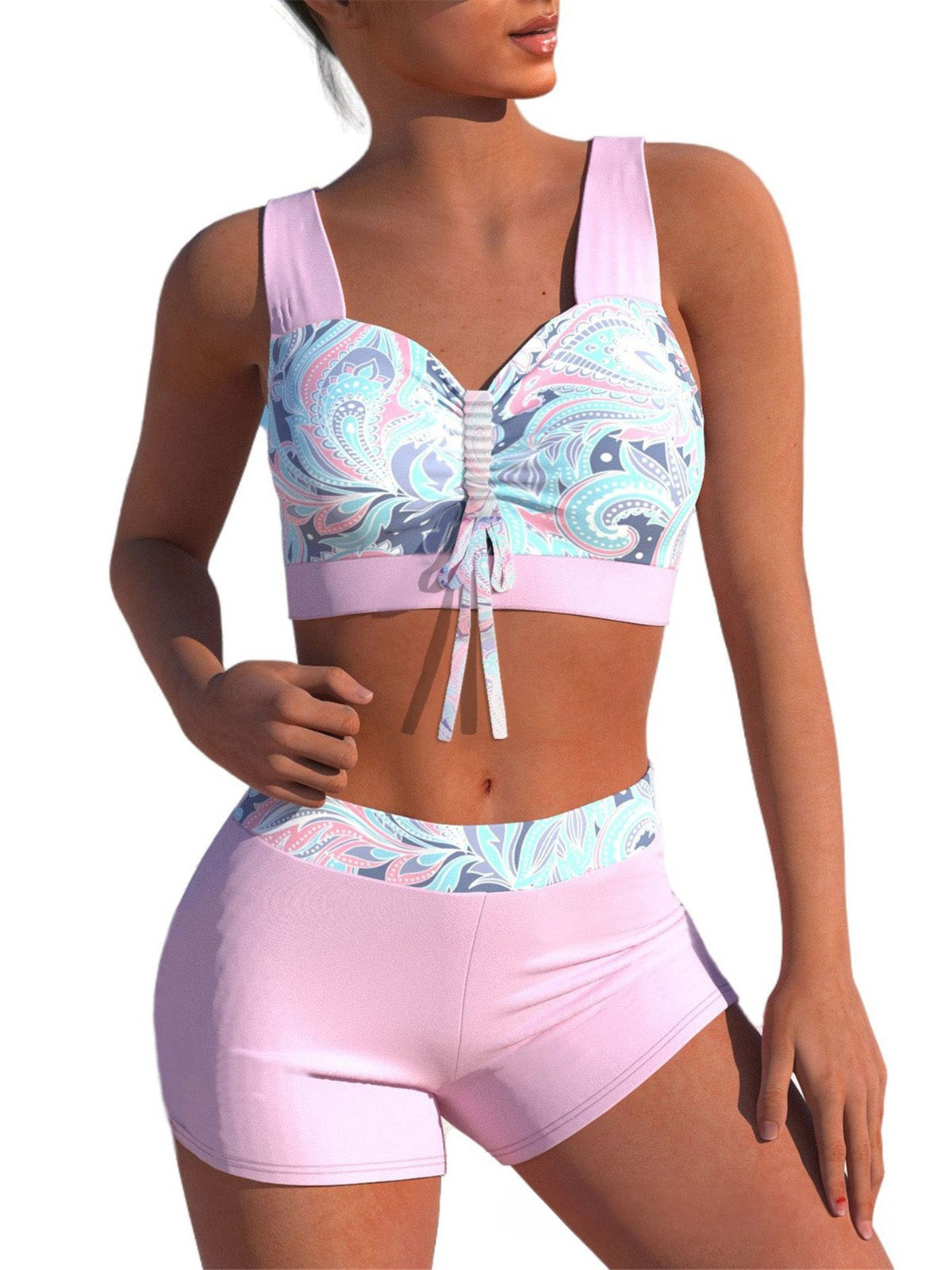 Striped Sporty Tankini Set – High Waist Shorts & Drawstring Top
