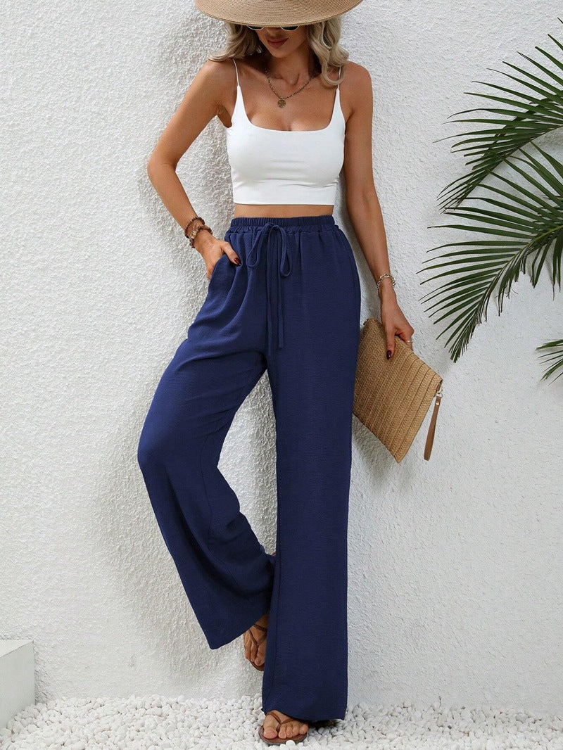 High-Waisted Wide-Leg Trousers – Lightweight Pull-On Pants with Pockets