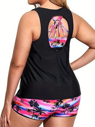 Plus Size 3-Piece Tankini Set – Tropical Print Shorts & Sports Bra Top