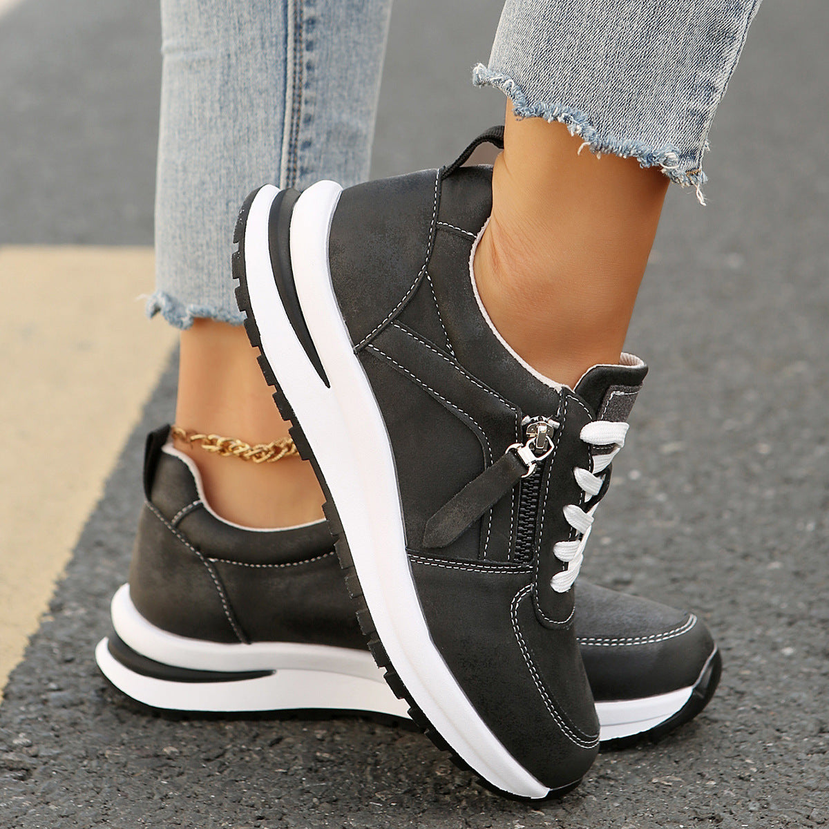 Women's Platform Trainers – Side Zip, Comfy Everyday Shoes