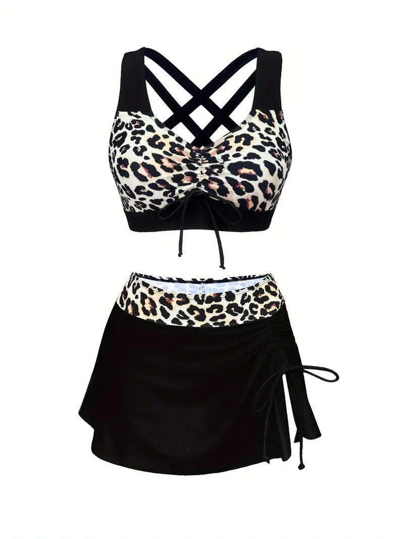 Leopard Print Tankini Set – Crisscross Back & Skirted Bottom