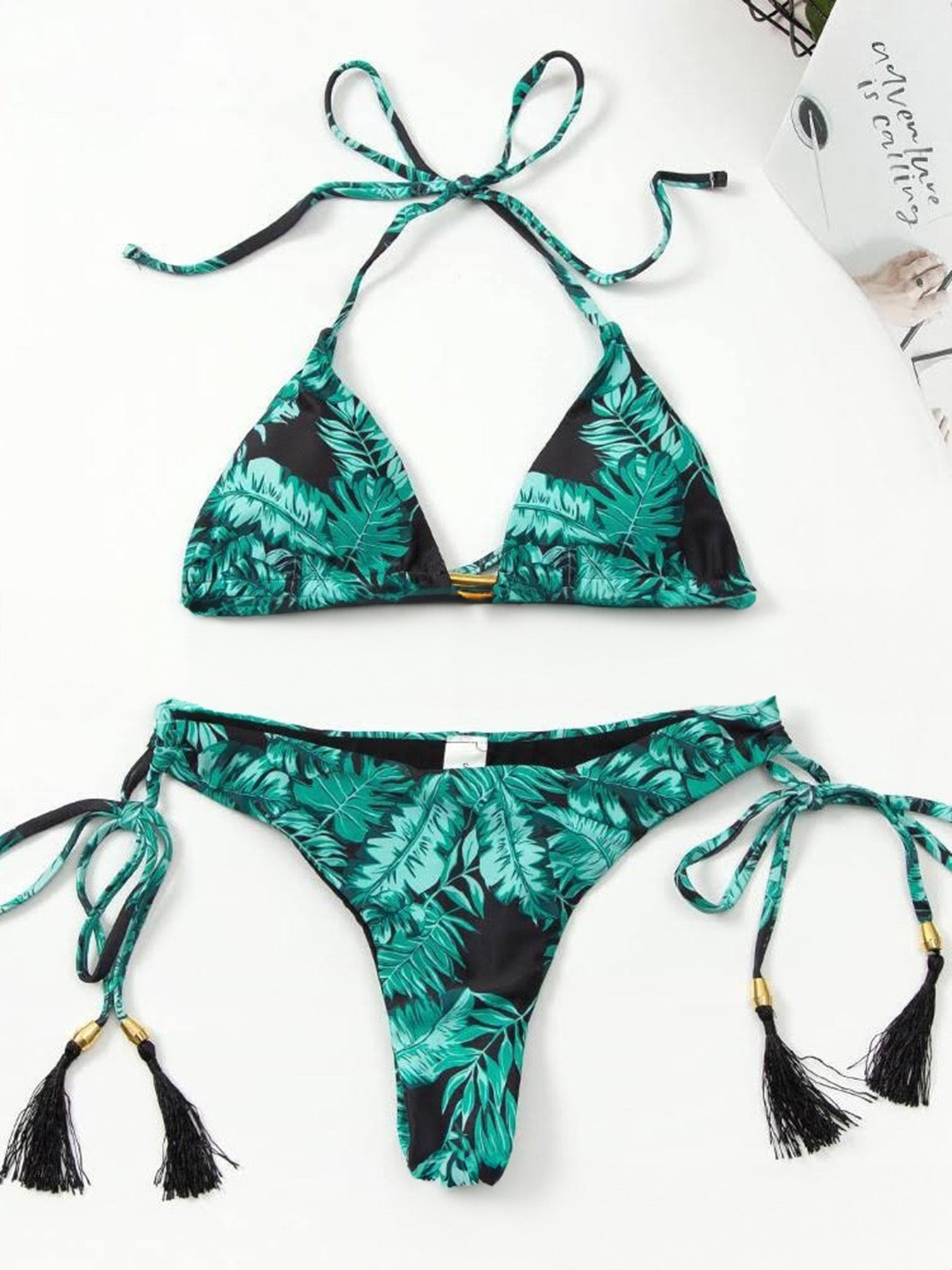 Tassel Tie Floral Bikini – Triangle Top & Side-Tie Bottoms