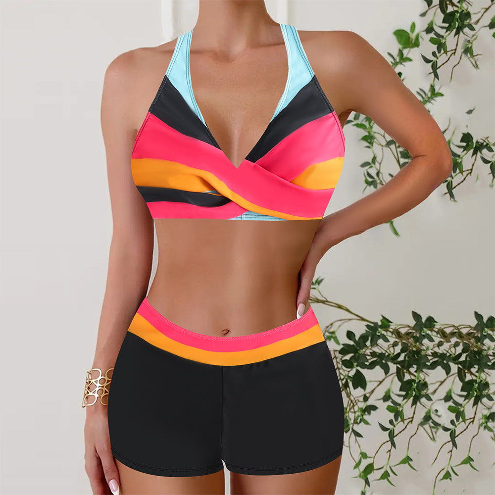High-Waisted Bikini Shorts Set – Cross-Front Halter Top & Sporty Fit