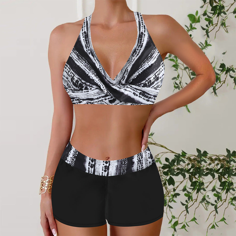 High-Waisted Bikini Shorts Set – Cross-Front Halter Top & Sporty Fit