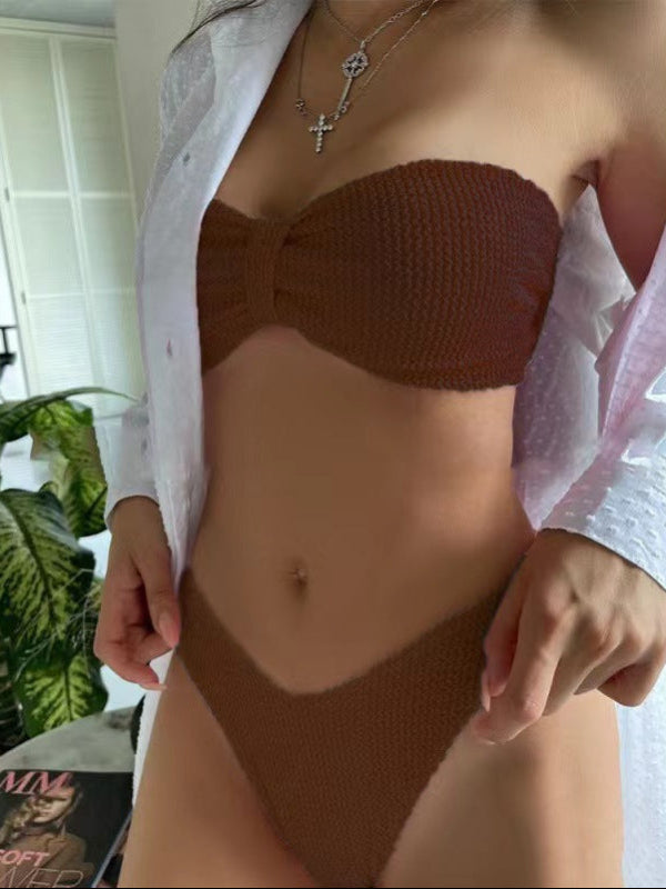 Textured Bandeau Bikini Set – Strapless, High-Cut Bottoms, Summer Colors
