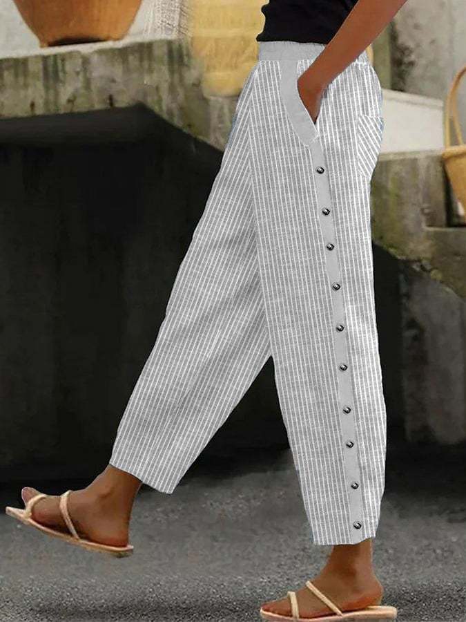 Ladies' Cropped Trousers – Striped Button Detail, Comfy Casual Style