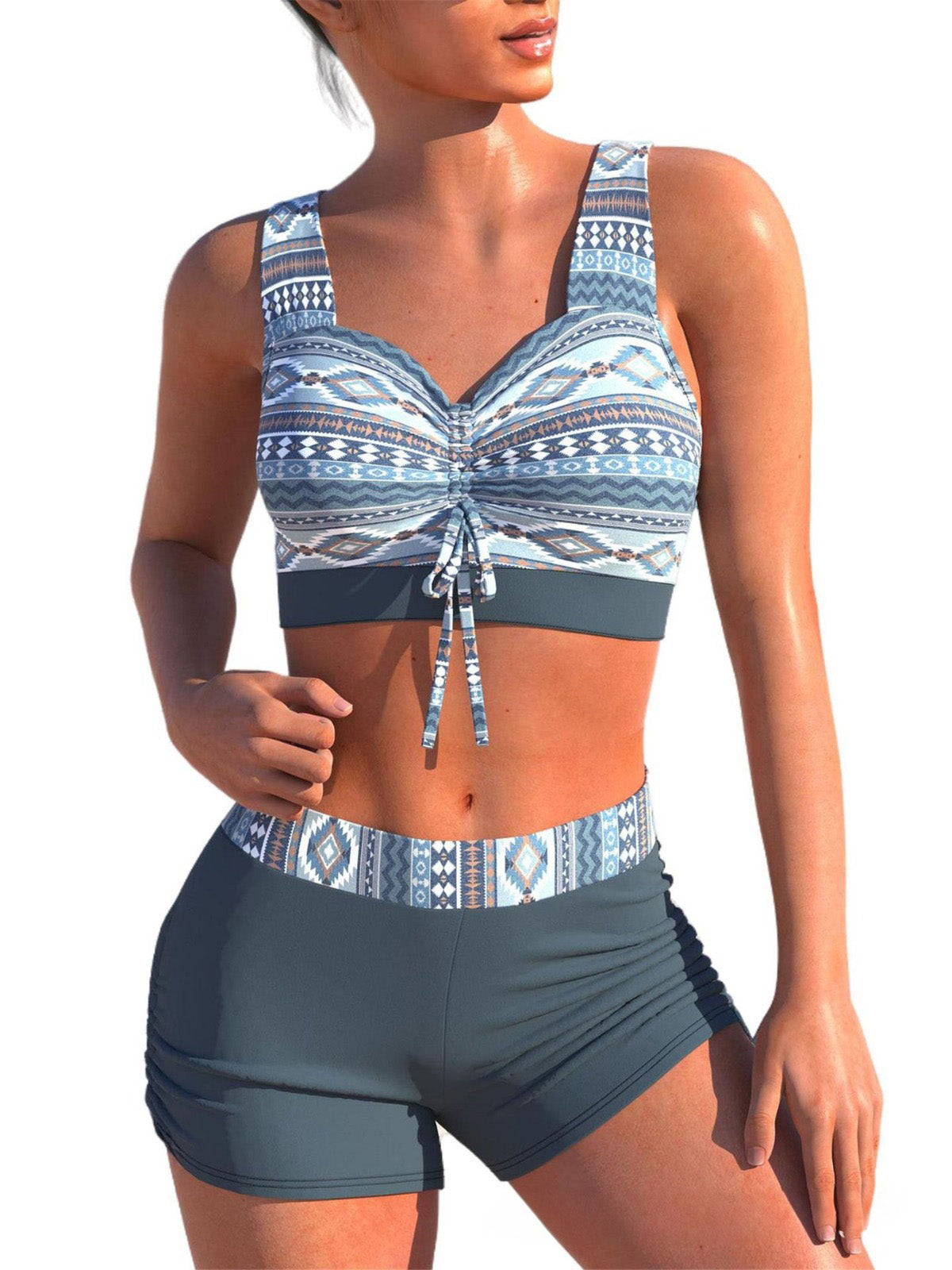 Striped Sporty Tankini Set – High Waist Shorts & Drawstring Top