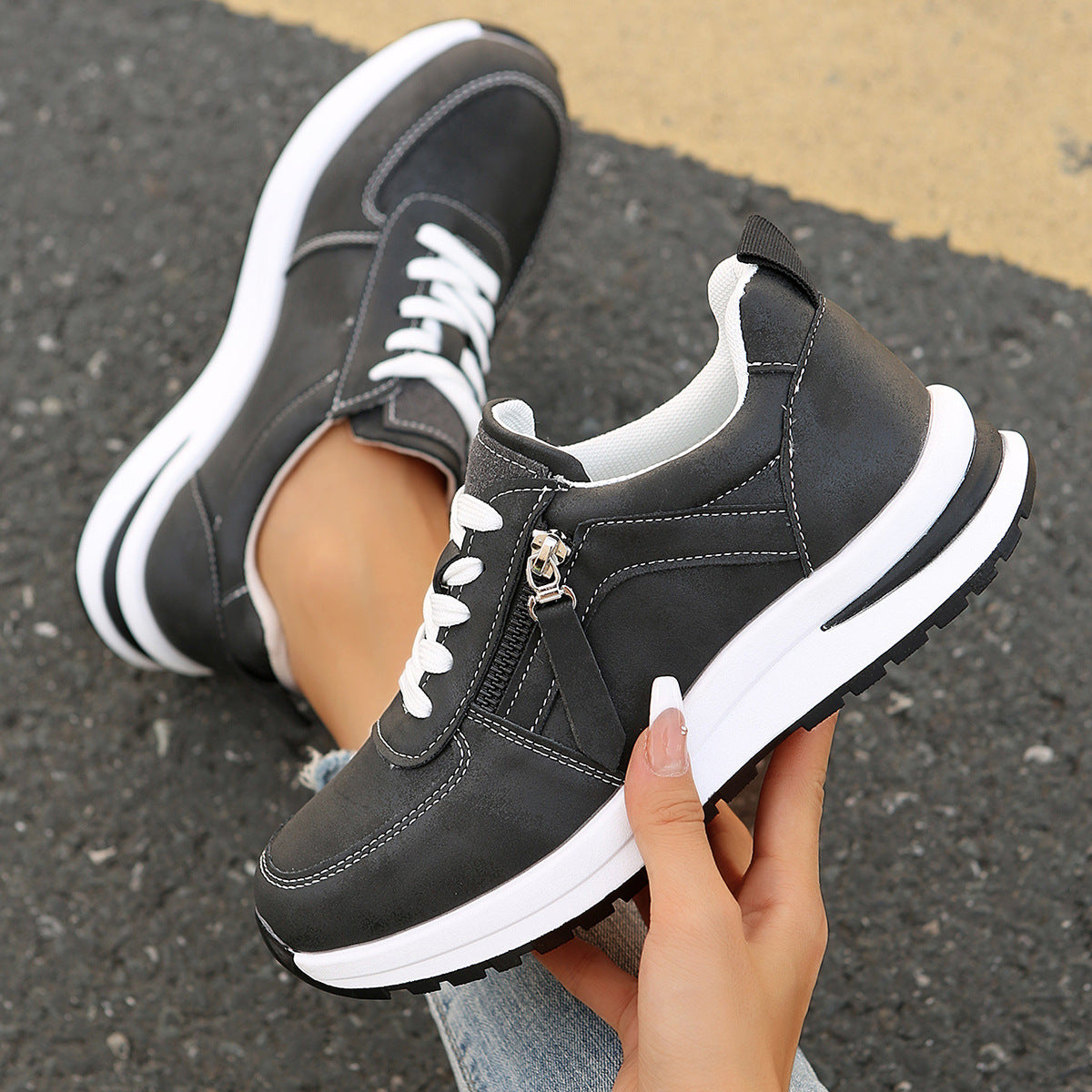 Women's Platform Trainers – Side Zip, Comfy Everyday Shoes