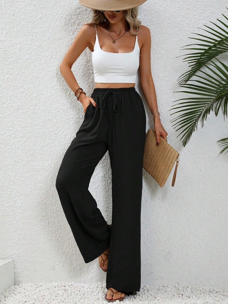 High-Waisted Wide-Leg Trousers – Lightweight Pull-On Pants with Pockets