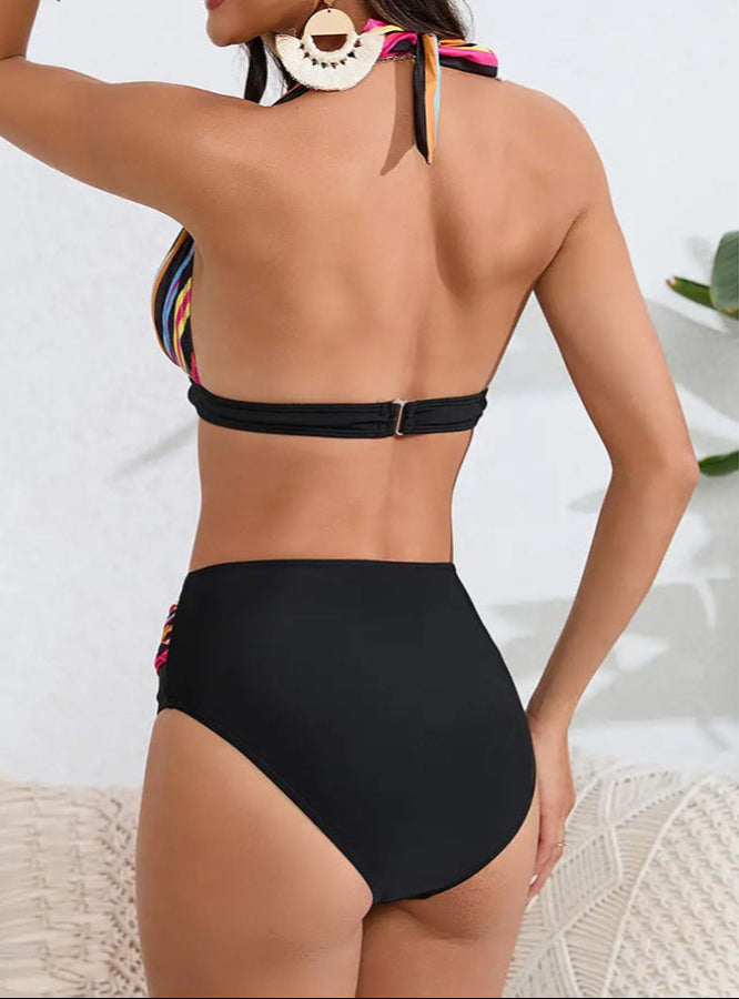 Striped Halter Bikini Set – Tie Front Top & High Waist Bottom