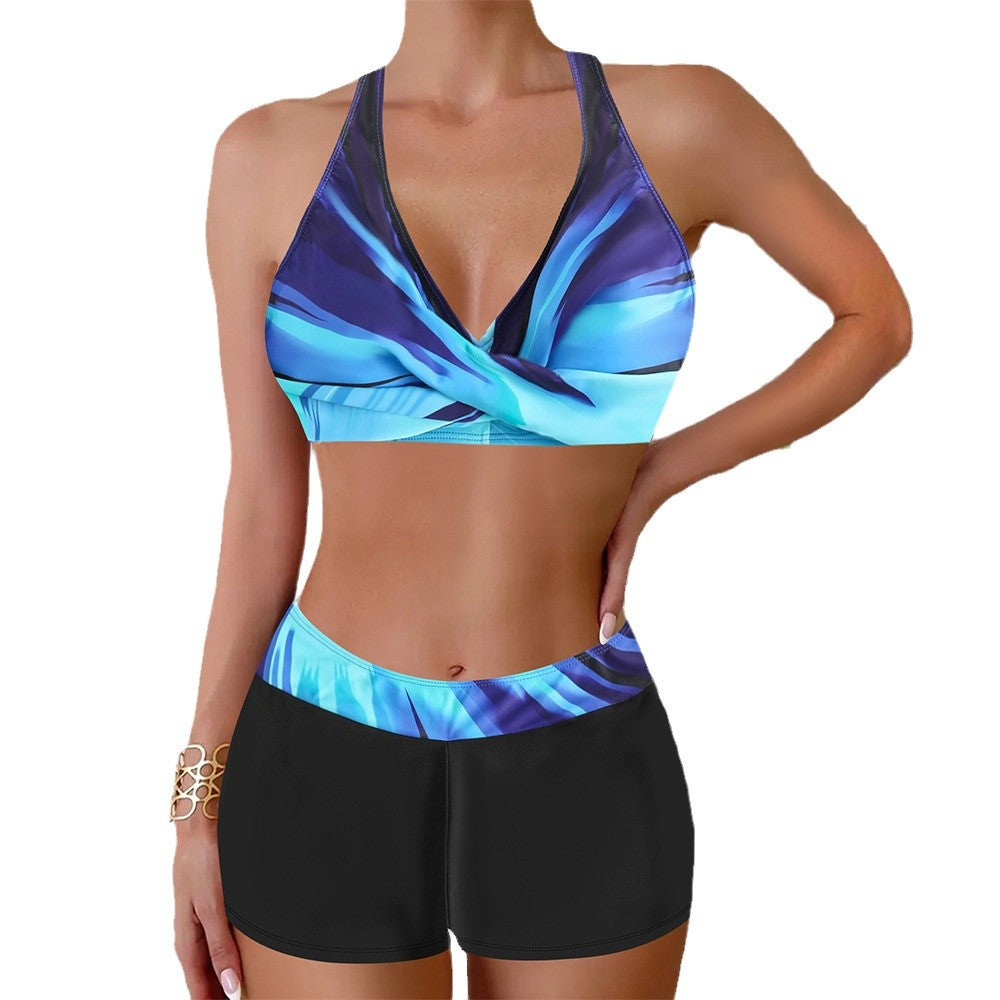 High-Waisted Bikini Shorts Set – Cross-Front Halter Top & Sporty Fit