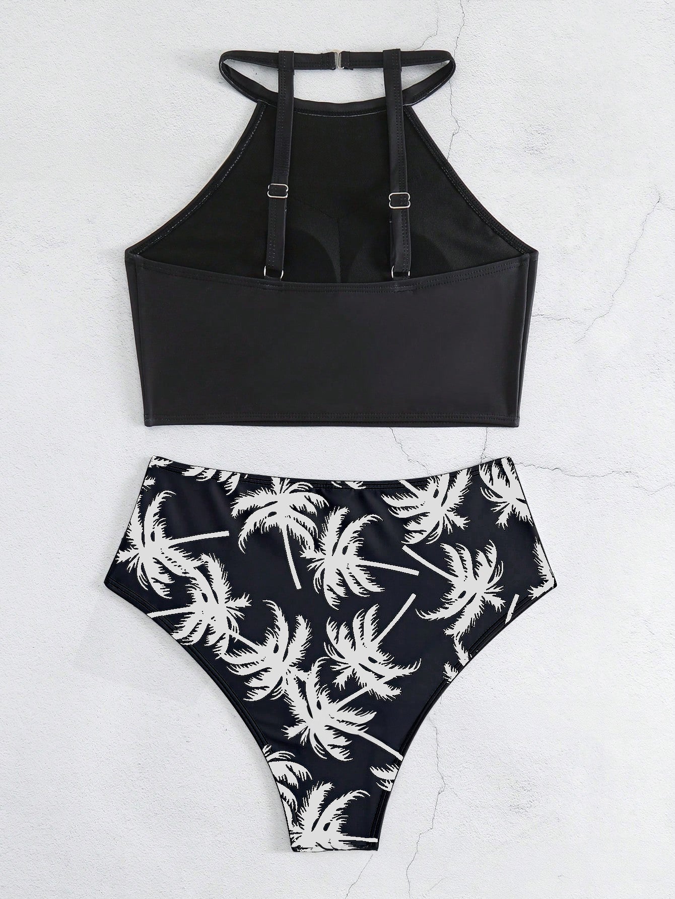 Palm Print High Neck Bikini – Black & White Tropical Two-Piece