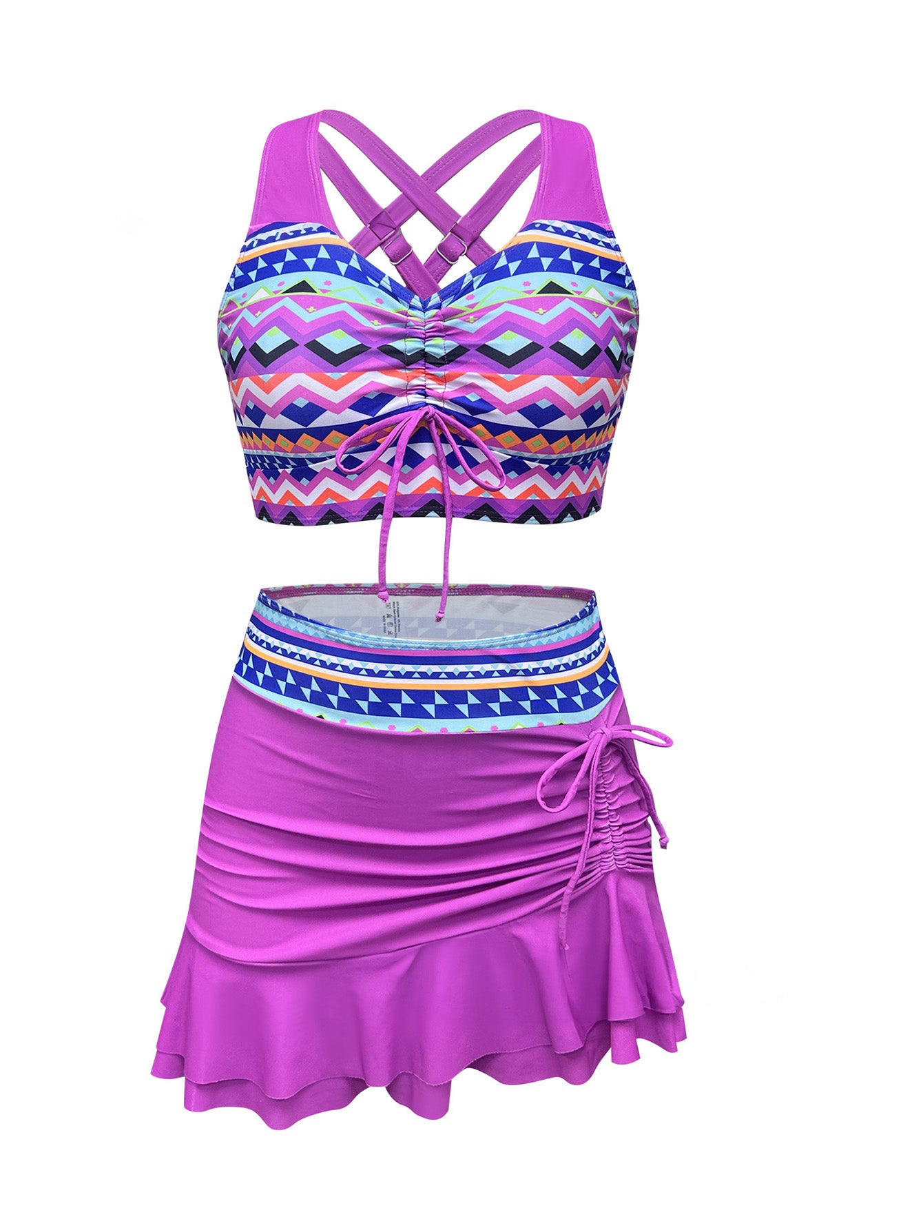 Aztec Print Ruffle Skirt Tankini – Pink Two-Piece Swim Set