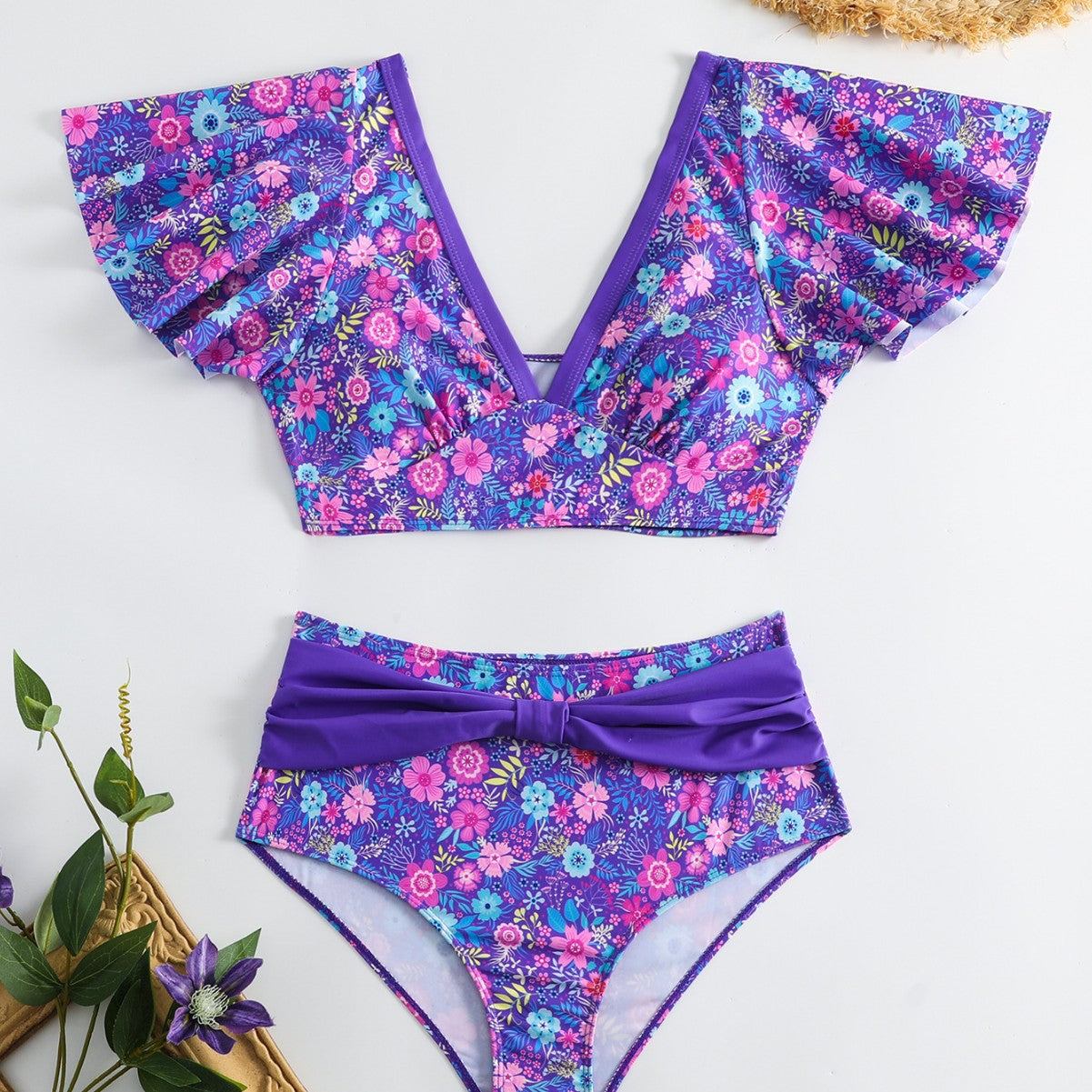 Flutter Sleeve Floral Bikini – Purple High-Waist Two-Piece Set