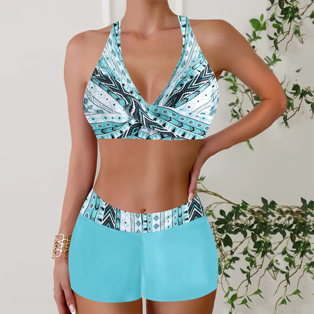 High-Waisted Bikini Shorts Set – Cross-Front Halter Top & Sporty Fit