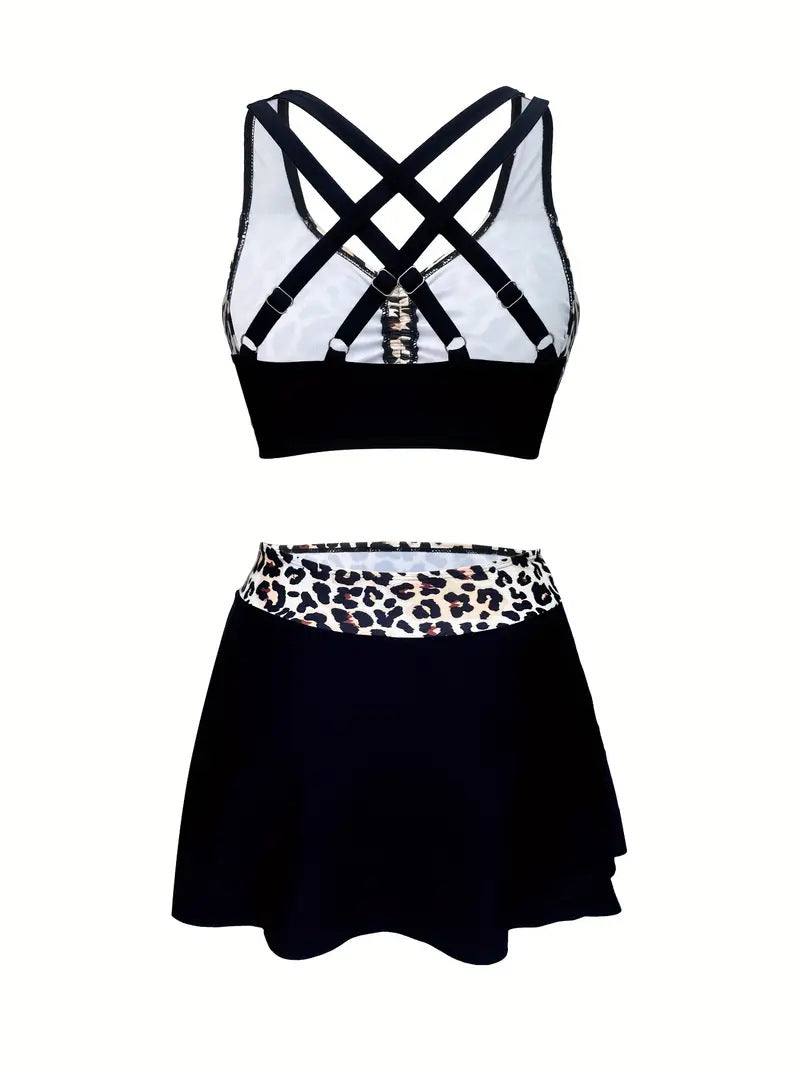Leopard Print Tankini Set – Crisscross Back & Skirted Bottom