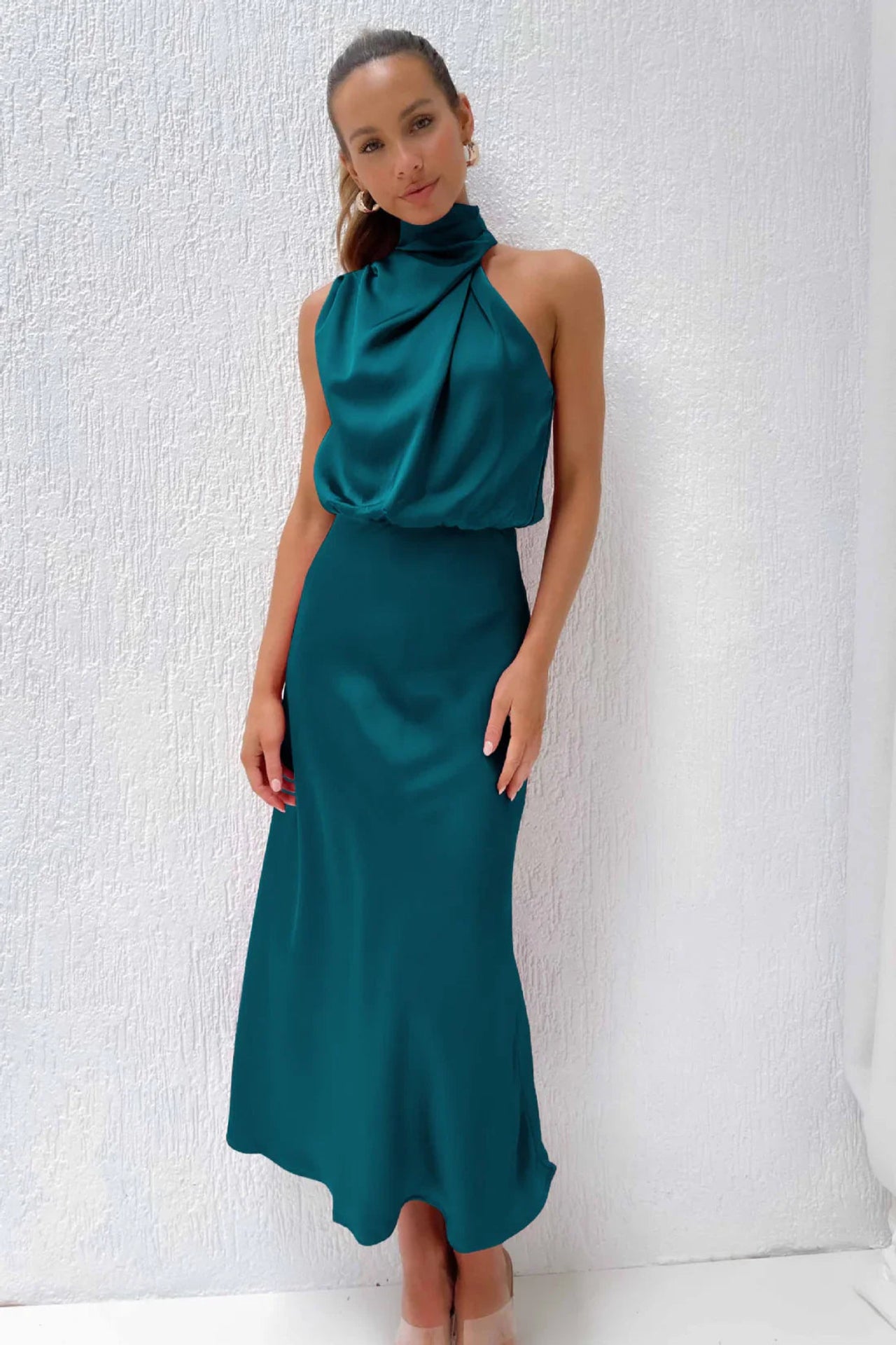 Satin Cowl Neck Midi Dress – Elegant Slip Style for Evening & Events