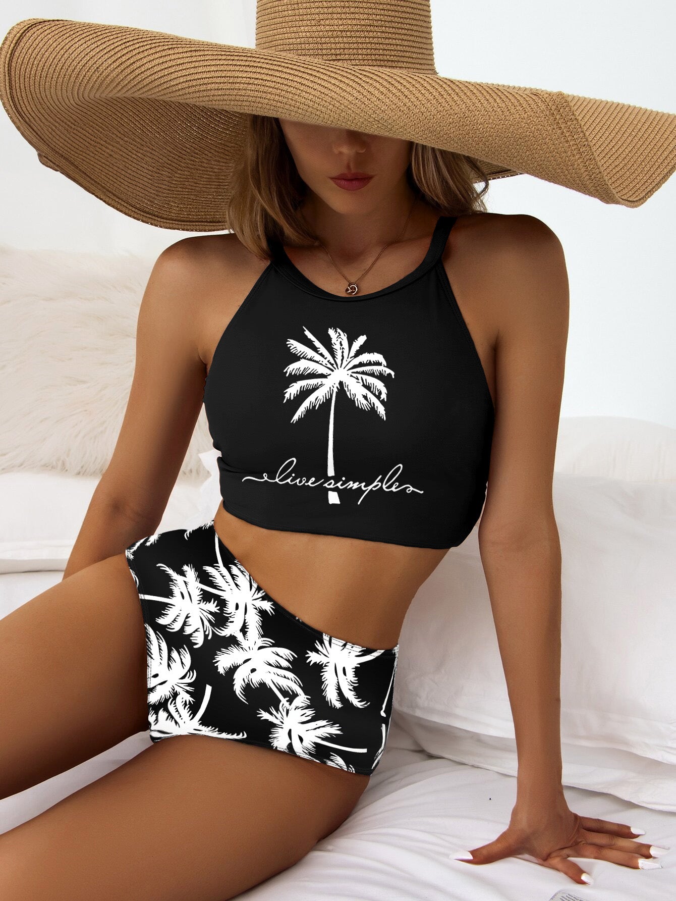 Palm Print High Neck Bikini – Black & White Tropical Two-Piece