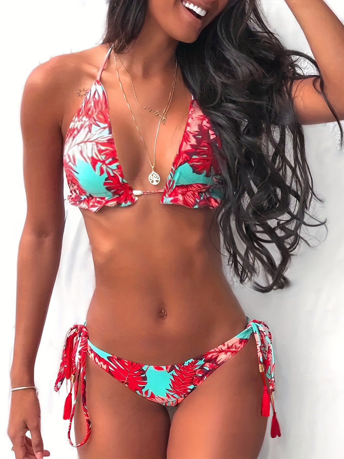 Tassel Tie Floral Bikini – Triangle Top & Side-Tie Bottoms