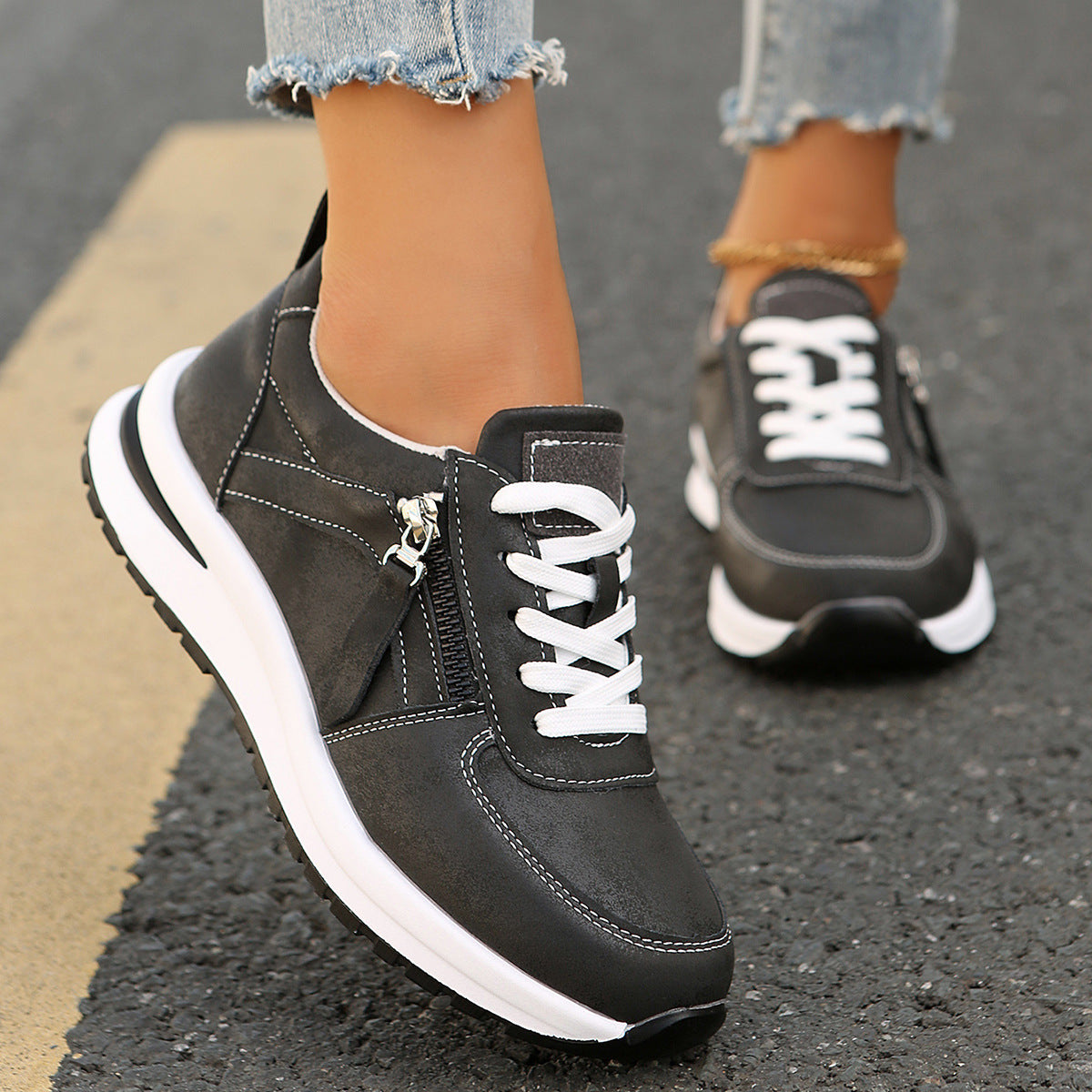 Women's Platform Trainers – Side Zip, Comfy Everyday Shoes