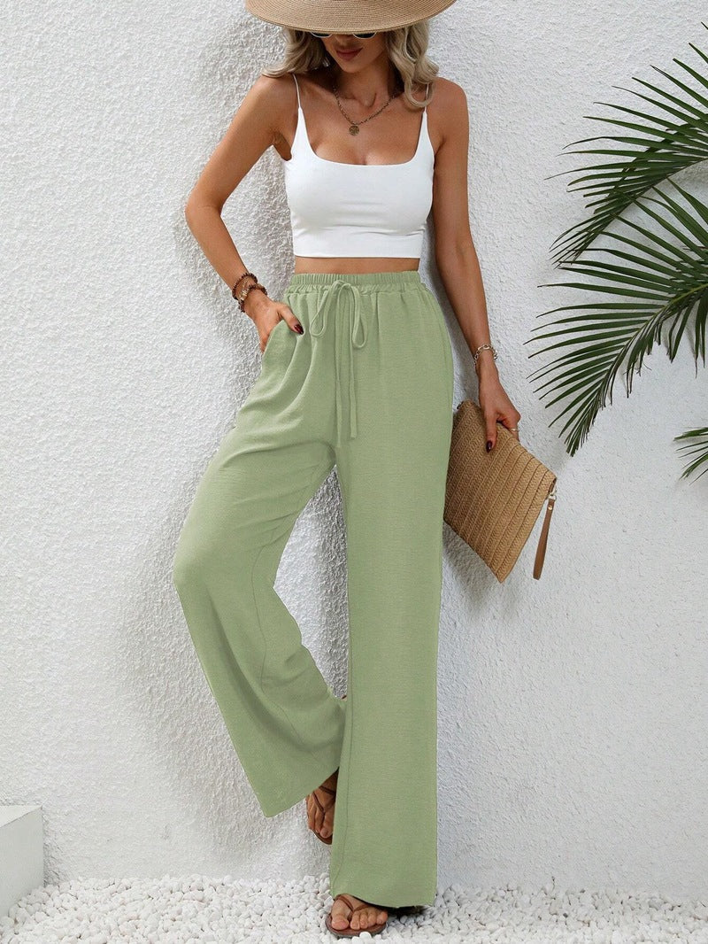 High-Waisted Wide-Leg Trousers – Lightweight Pull-On Pants with Pockets