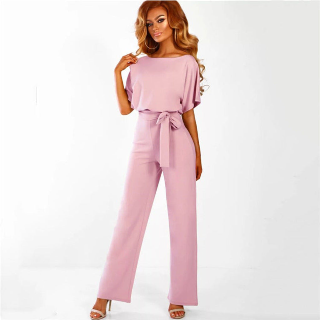 Elegant Belted Jumpsuit – Short Sleeve One-Piece for Work & Events