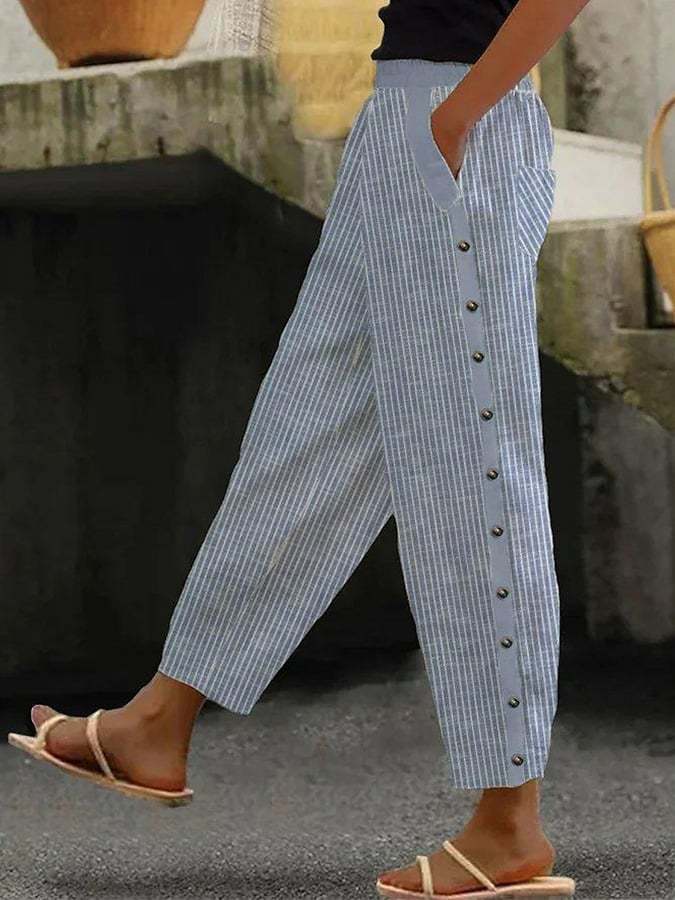 Ladies' Cropped Trousers – Striped Button Detail, Comfy Casual Style