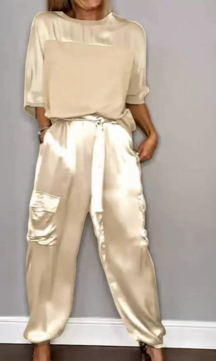 Women's Satin Co-ord – Cargo Trousers, Relaxed Fit Lounge Set