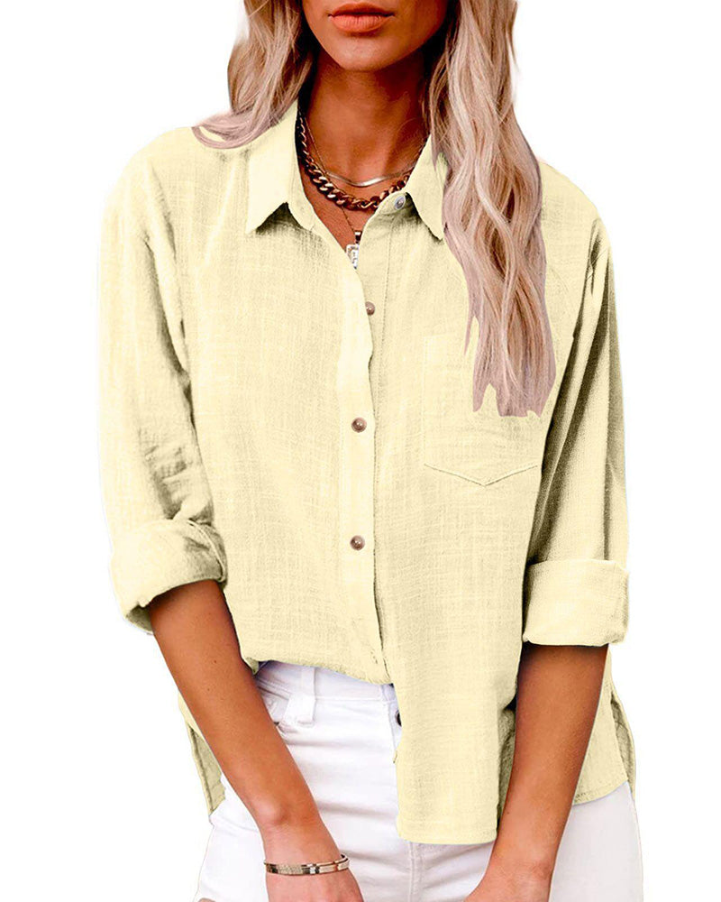 Women's Linen Button-Down Shirt – Casual Long Sleeve Collared Top