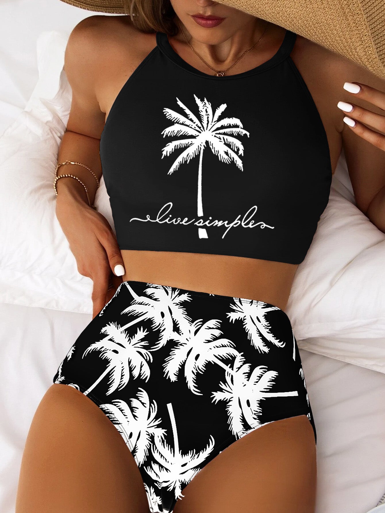 Palm Print High Neck Bikini – Black & White Tropical Two-Piece