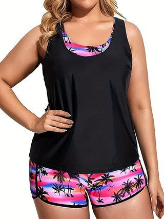 Plus Size 3-Piece Tankini Set – Tropical Print Shorts & Sports Bra Top