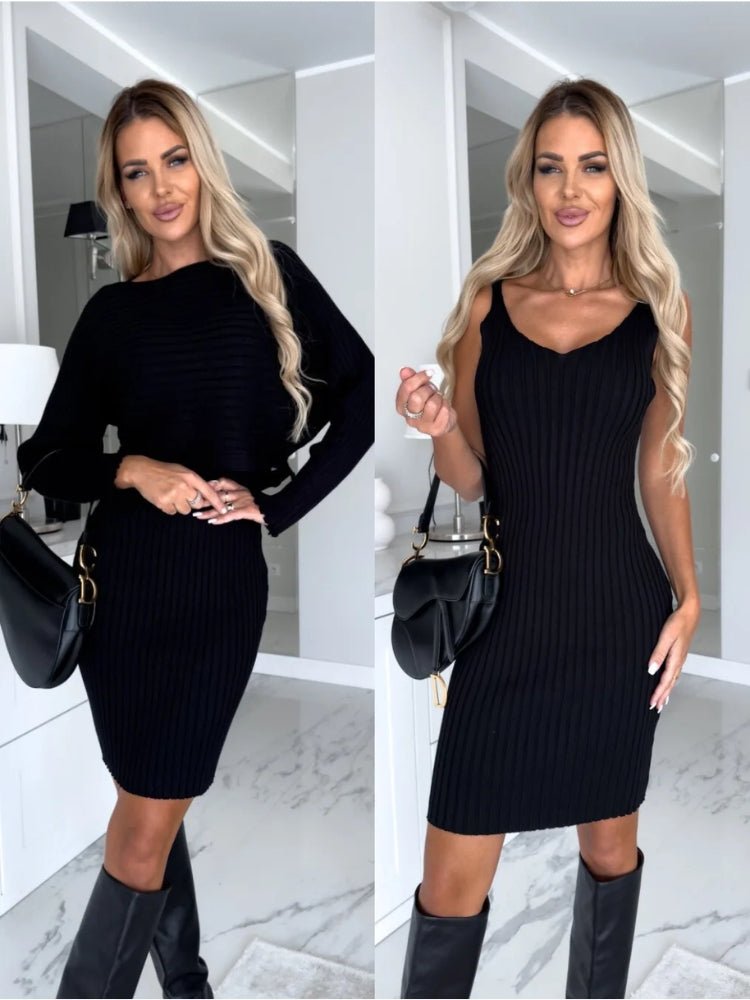 Ribbed Knit 2-Piece Set - Long Sleeve Top & Bodycon Skirt