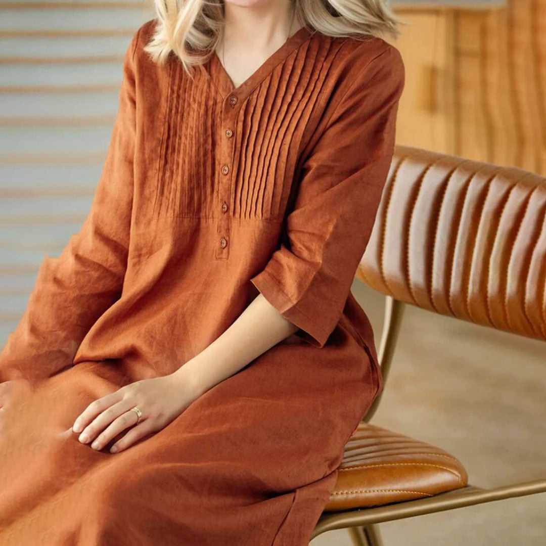 Cotton Blend Pintuck Midi Dress – Relaxed Fit with V-Neck and 3/4 Sleeves