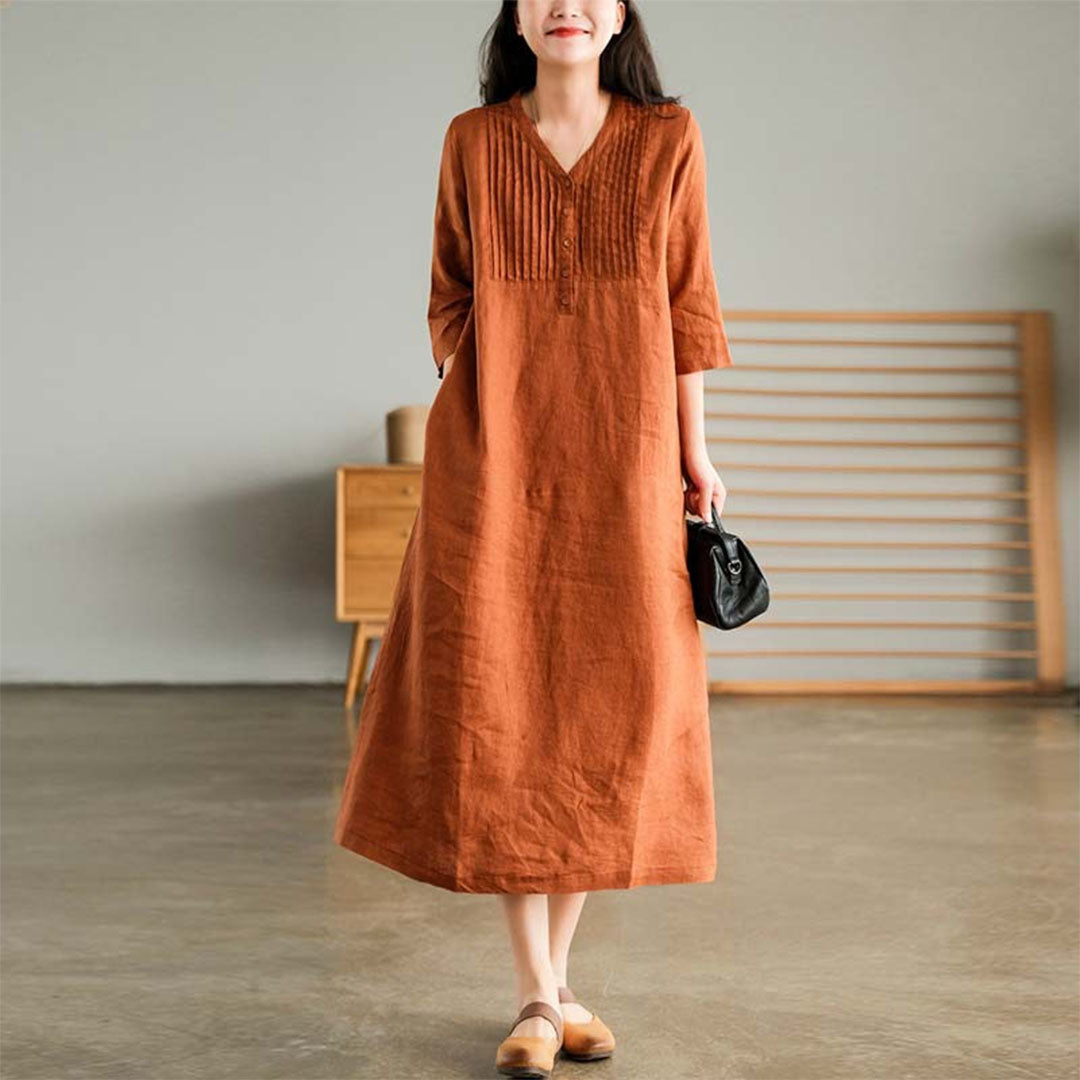 Cotton Blend Pintuck Midi Dress – Relaxed Fit with V-Neck and 3/4 Sleeves