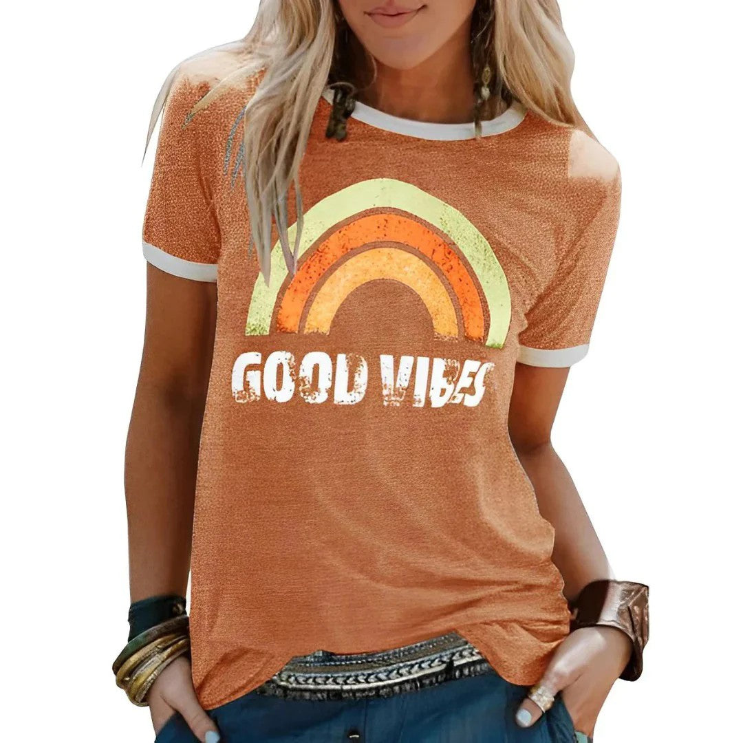 Womens T-Shirt – Retro Rainbow Graphic, Relaxed Fit Summer Top