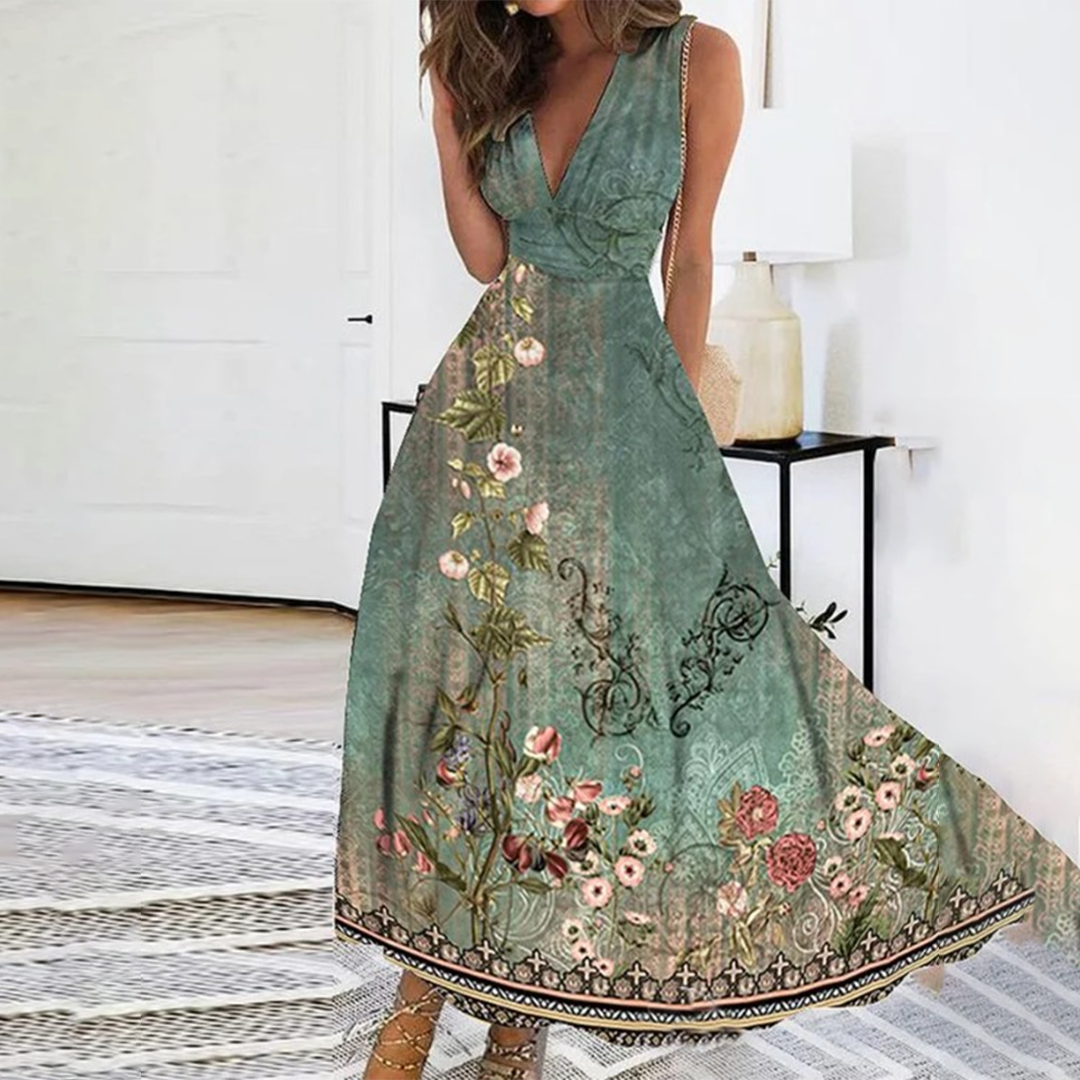Floral Print Sleeveless Maxi Dress – Elegant V-Neck Summer Style