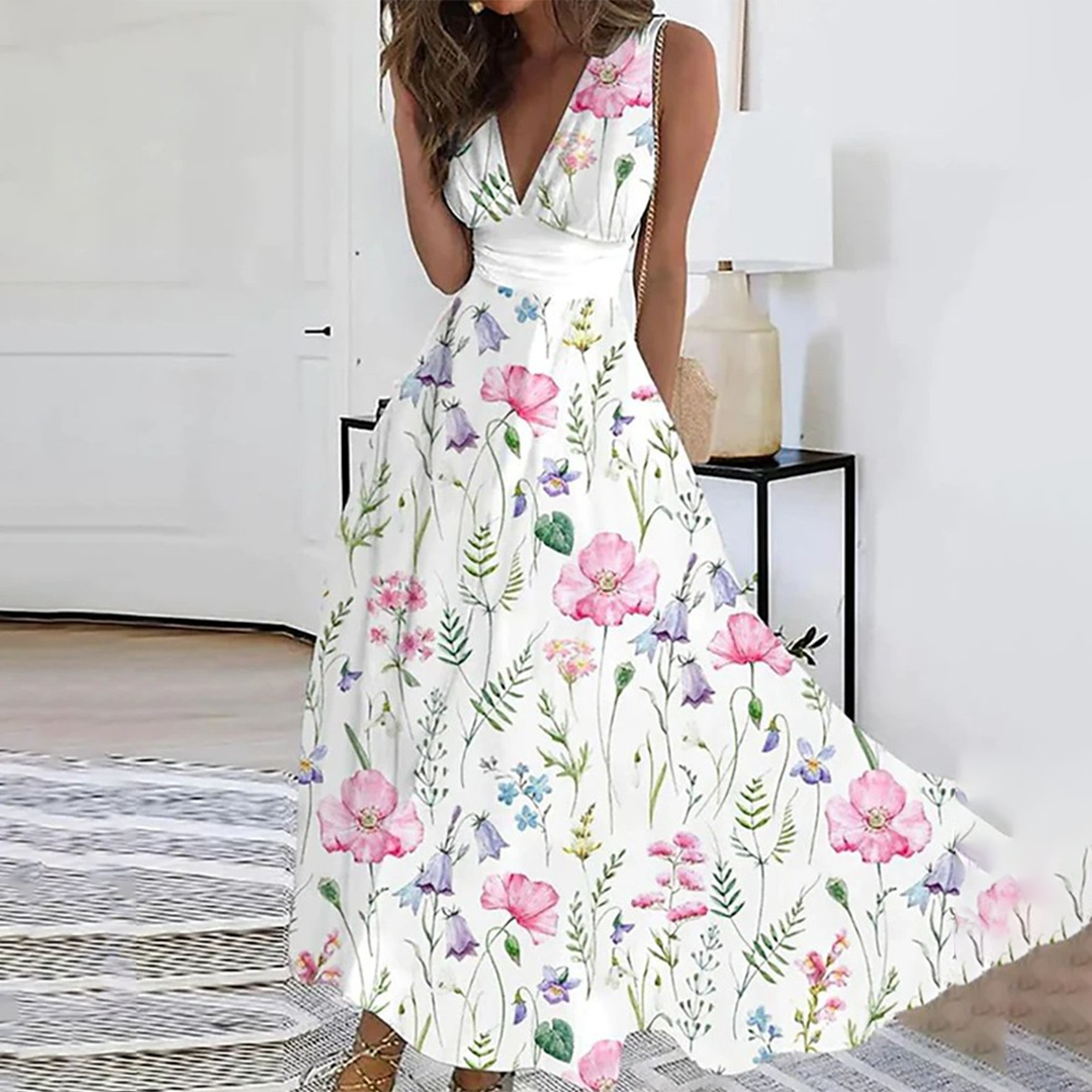 Floral Print Sleeveless Maxi Dress – Elegant V-Neck Summer Style