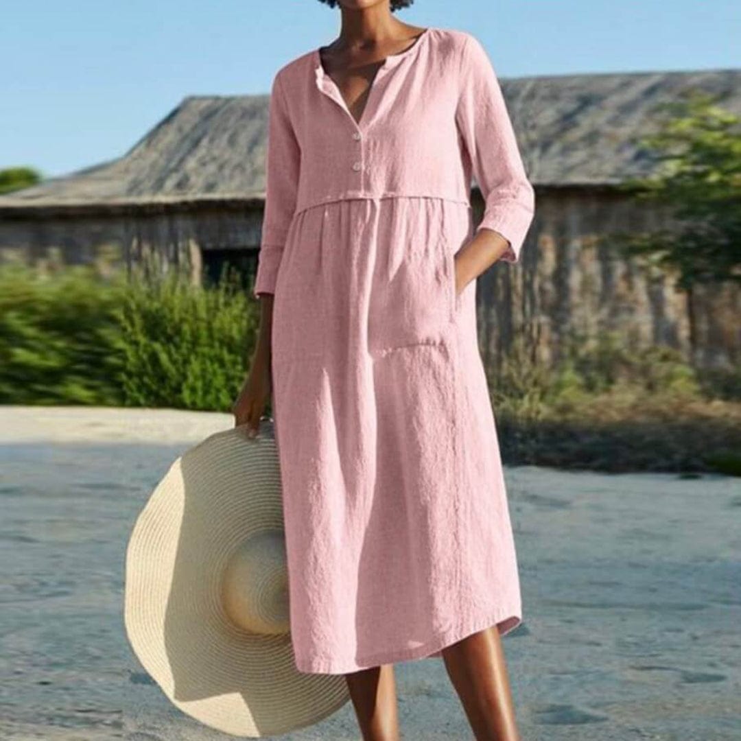 Relaxed Cotton V-Neck Midi Dress with Pockets – Casual Everyday Style