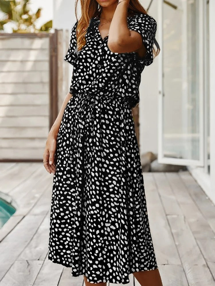 Women's Midi Shirt Dress – Spotty Print, Relaxed Fit Casual Day Dress