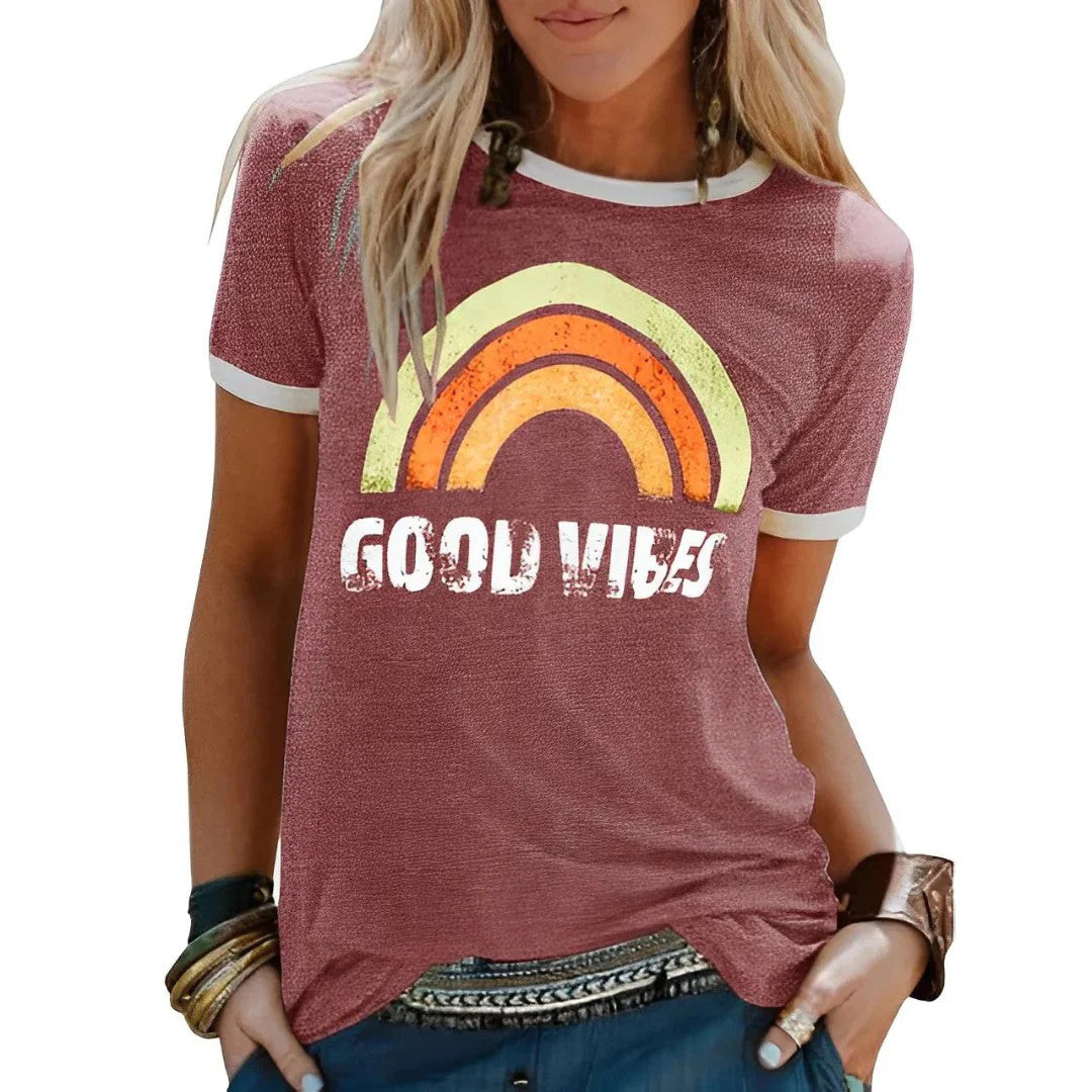 Womens T-Shirt – Retro Rainbow Graphic, Relaxed Fit Summer Top